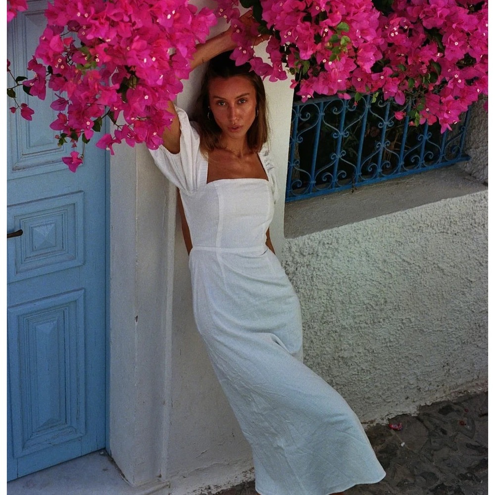 Sabo Skirt White Midi Dress Sz 2 XS Open Back Puff Sleeve Bridal 100% Cotton